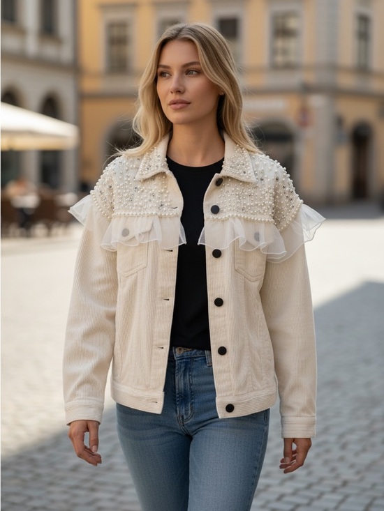 POL Jackets & Blazers - POL Cream Jean Jacket with Pearl Embellishments